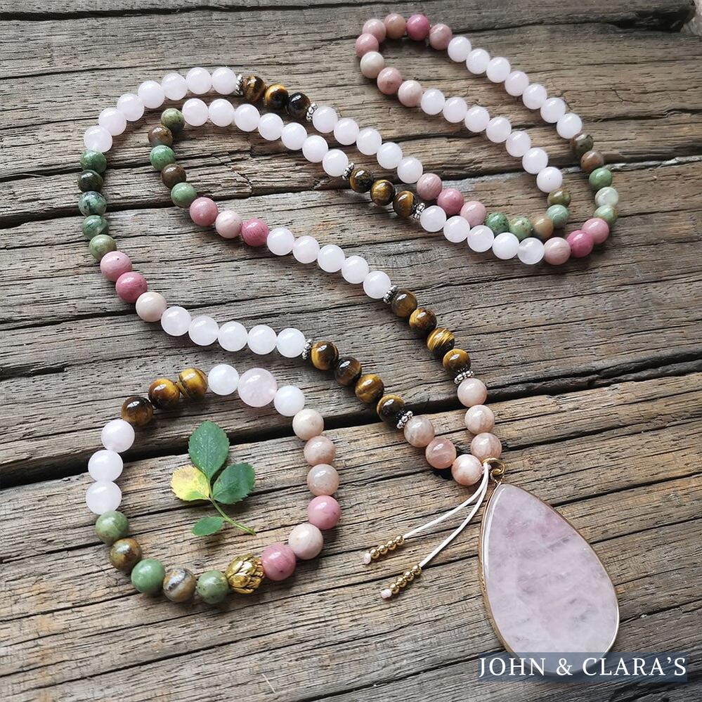 108 Natural Rose Quartz African Turquoise Tiger Eye & Rhodonite Mala Stone Bead Necklace