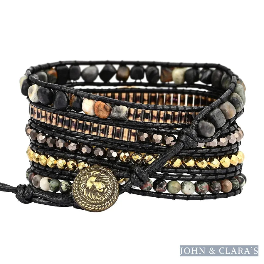 Natural Black Labradorite & Picasso Jasper Beaded Wrap Bracelet