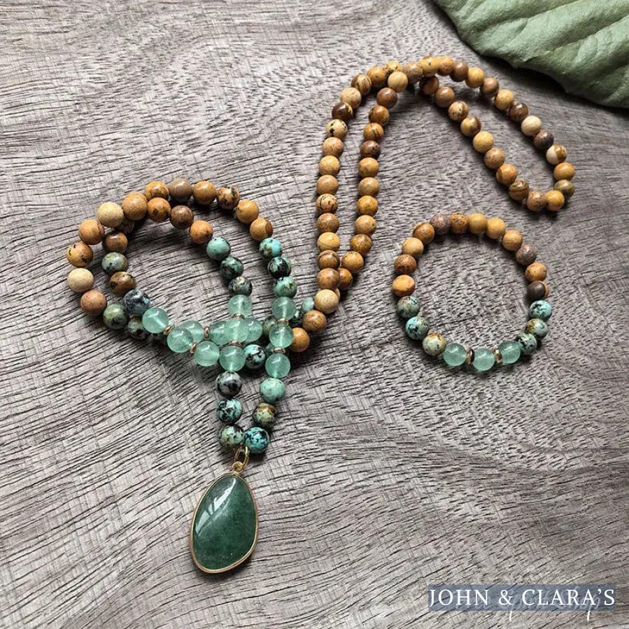 108 Natural Picture Jasper Green Quartz & African Turquoise Mala Bead Necklace