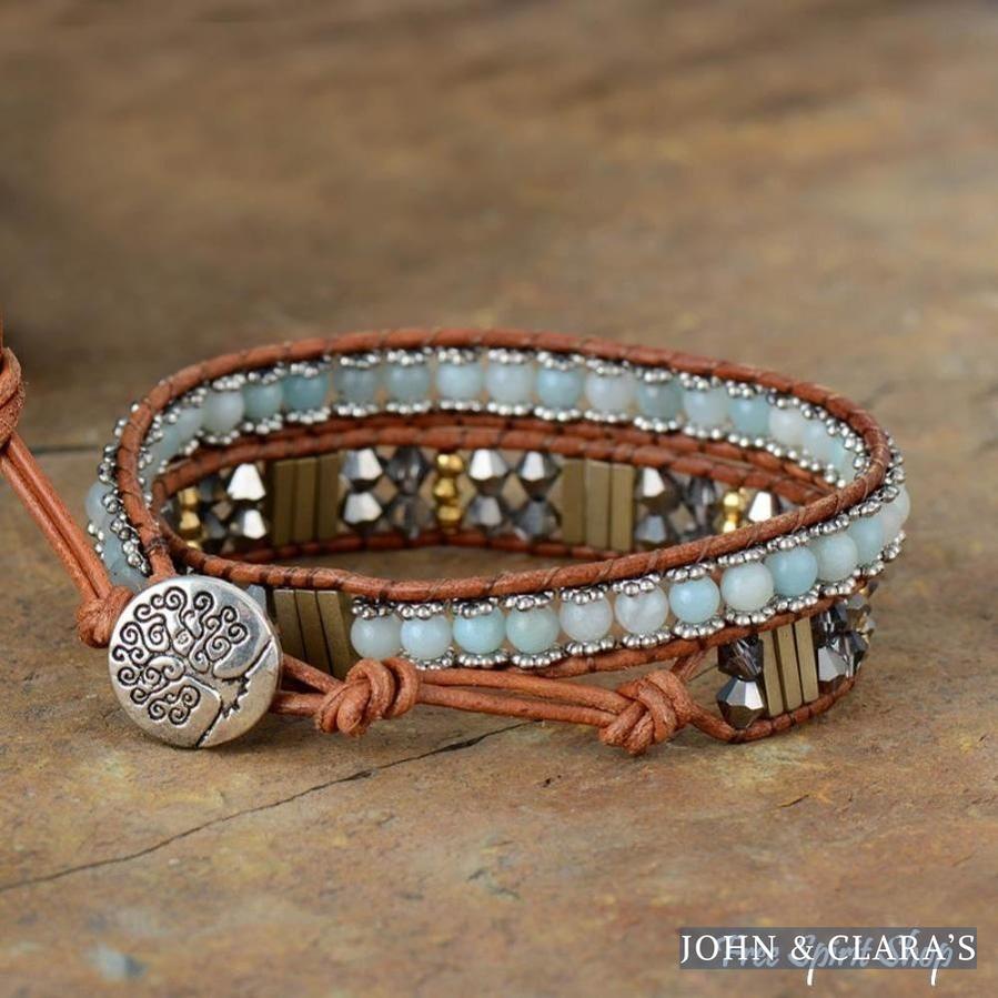 Handmade Natural Amazonite & Crystal Bead Wrap Bracelet