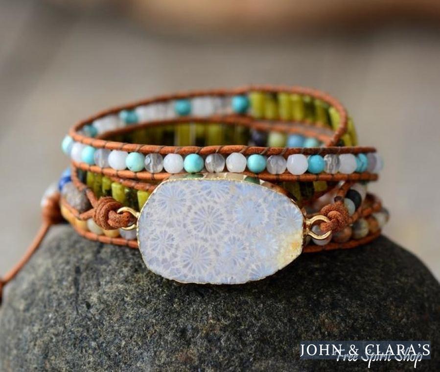 Handmade Natural Chrysanthemum Gemstone Leather Wrap Bracelet
