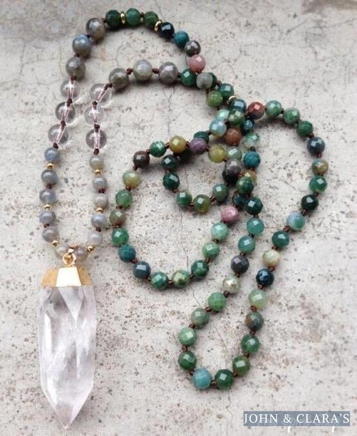 Handmade Natural Indian Agate, Labradorite & Clear Quartz Mala Bead Necklace
