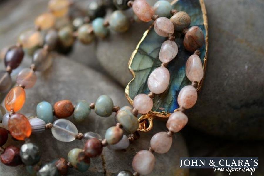 Handmade Natural Strawberry Quartz & Pyrite Necklace with Labradorite Pendant