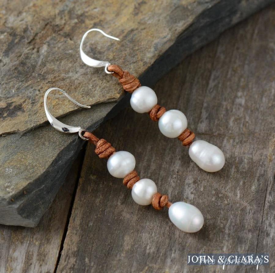 Handmade Natural Three Freshwater Pearl Leather Earrings