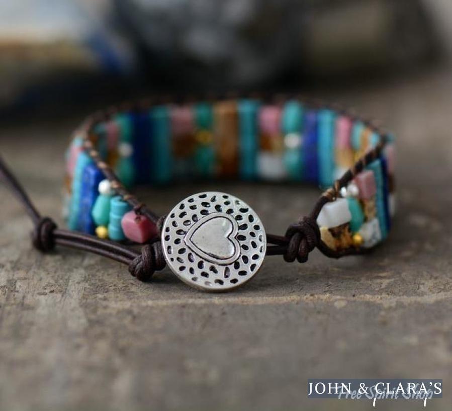 Mix Candy Gemstones Leather Wrap Bracelet