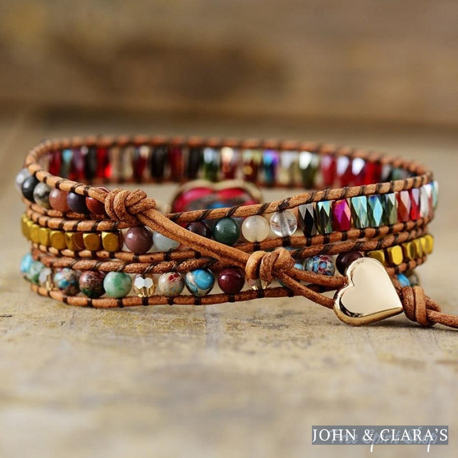 Mixed Beads & Red Heart Jasper Charm Wrap Bracelet