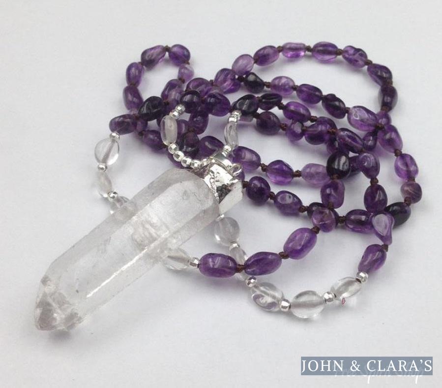 Natural Amethyst & Clear Quartz Gemstone Mala Bead Necklace
