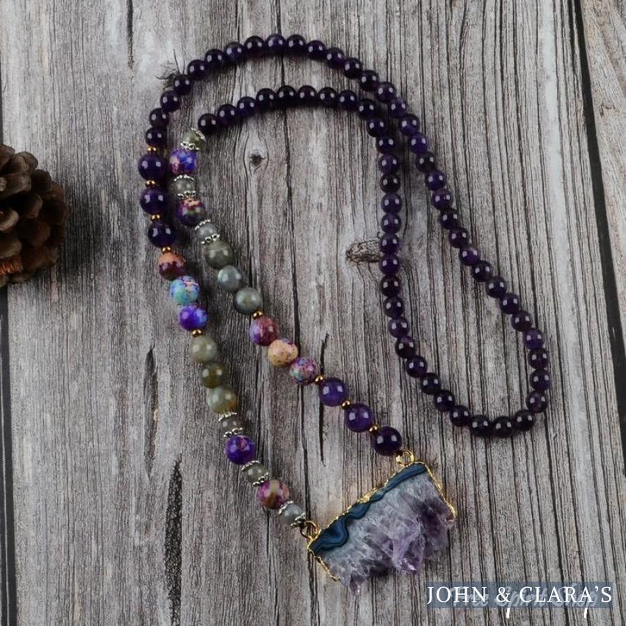 Natural Amethyst Jasper & Labradorite Beaded Druzy Necklace