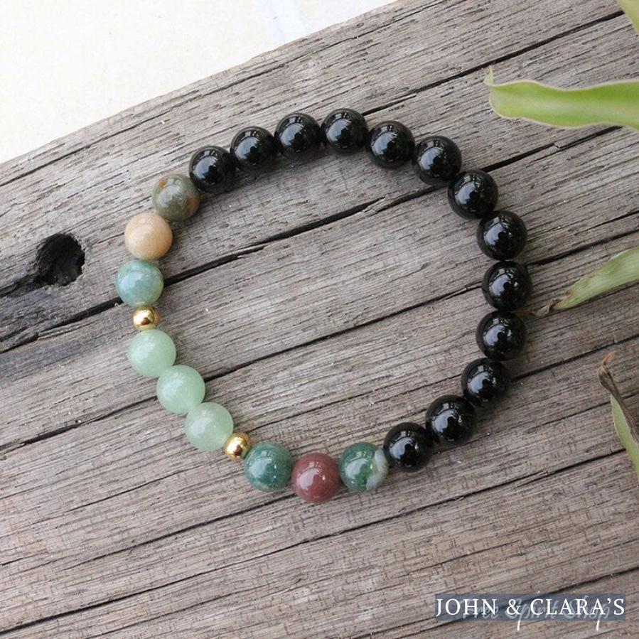 Natural Black Onyx, Indian Agate & Green Aventurine Bead Bracelet