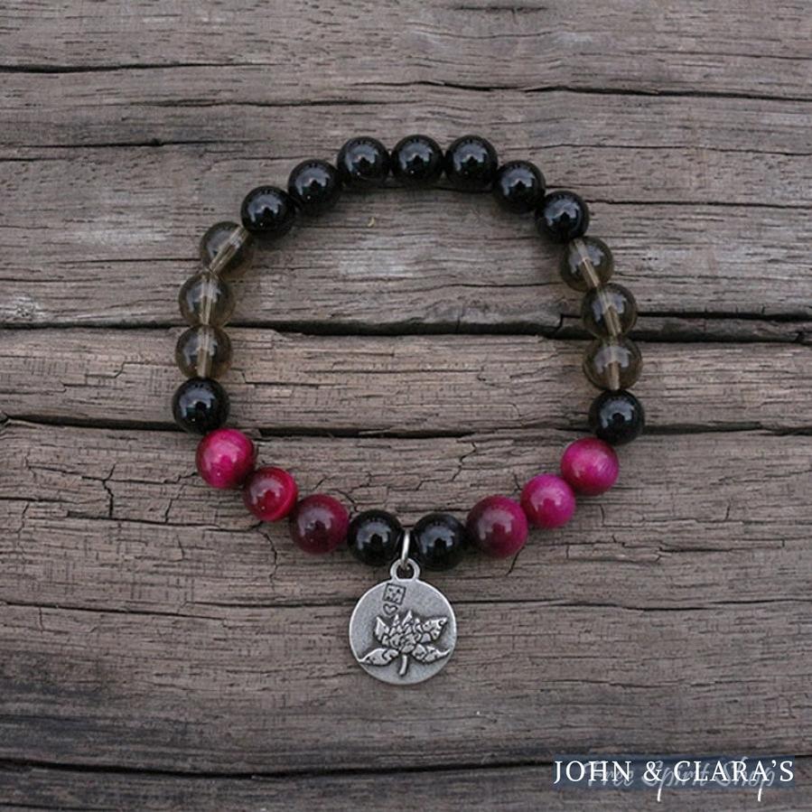 Natural Black Onyx Smokey Quartz & Rose Tiger Eye Bead Bracelet