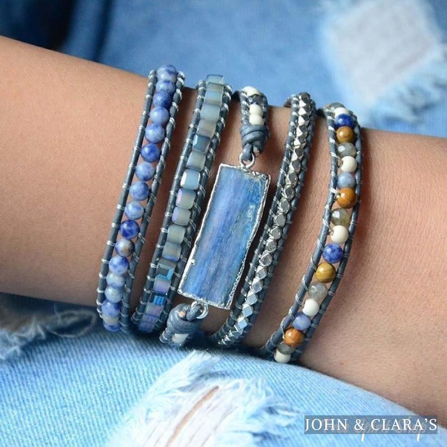 Natural Blue Topaz Sodalite & Howlite Gemstone Leather Wrap Bracelet