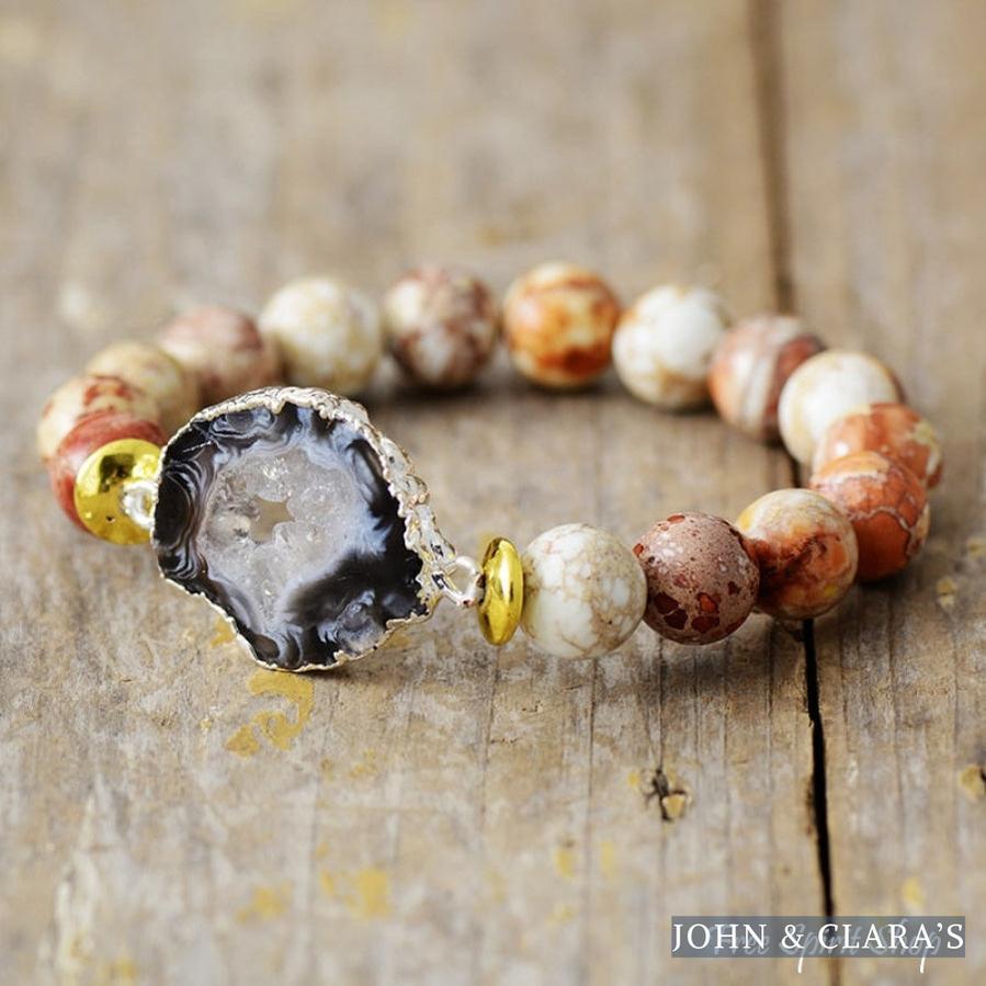 Natural Brown Onyx & Druzy Crystal Bead Bracelet
