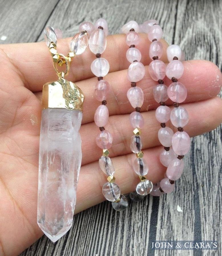 Natural Clear Quartz & Rose Quartz Gemstone Necklace