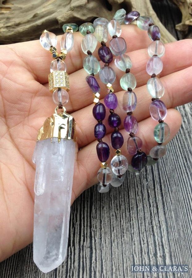 Natural Fluorite & Clear Quartz Gemstone Necklace
