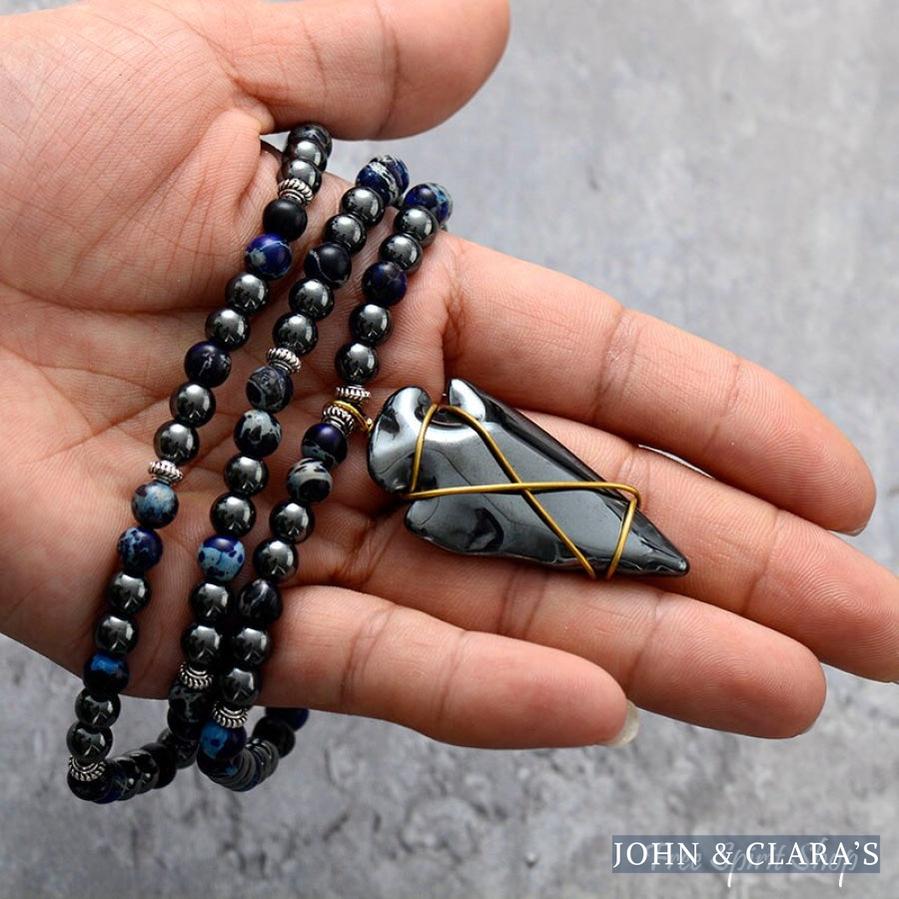 Natural Hematite & Blue Jasper Beaded Necklace With Arrowhead Pendant