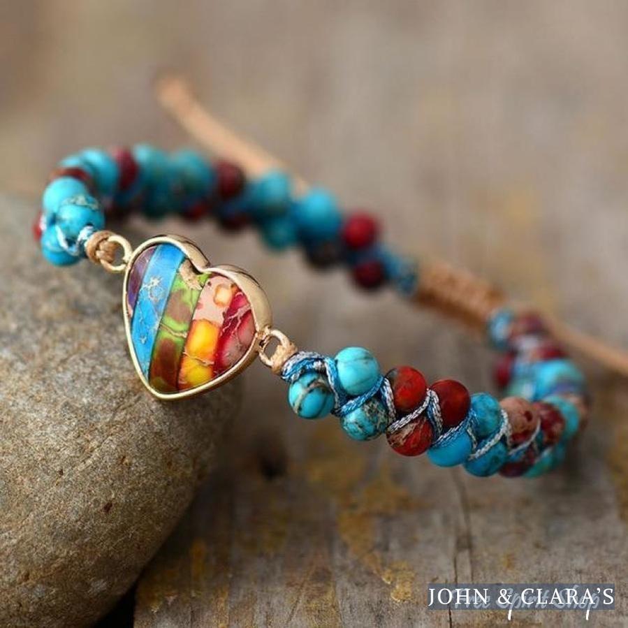 Natural Jasper Rainbow Heart Bead Bracelet