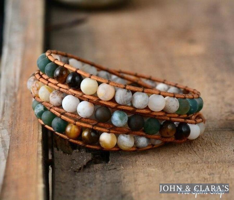 Natural Jasper Tiger Eye & Green Onyx Beaded Wrap Bracelet