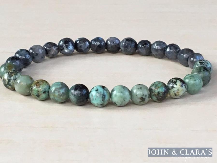 Natural Labradorite & African Turquoise Gemstone Bead Mala Bracelet