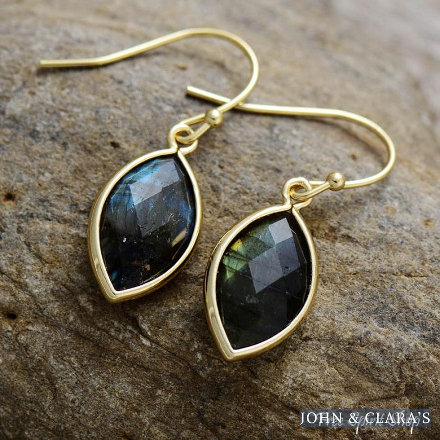 Natural Labradorite Leaf Shape Drop Earrings