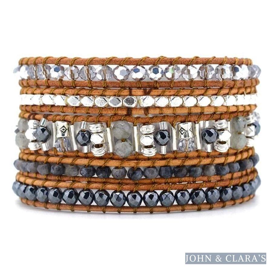 Natural Labradorite Stone Leather Wrap Bracelet