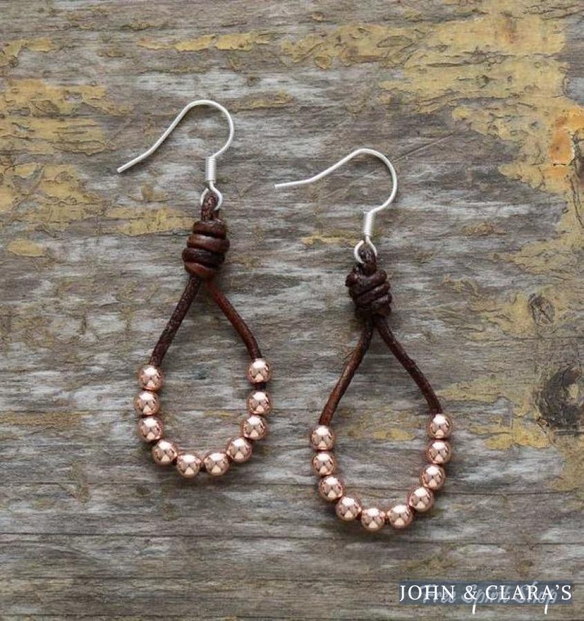 Natural Leather & Copper Bead Bohemian Earrings