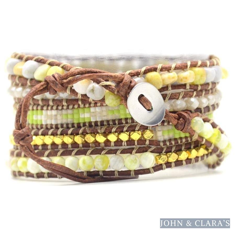 Natural Lime Miyuki Beads, Agate & Jasper Stone Leather Wrap Bracelet