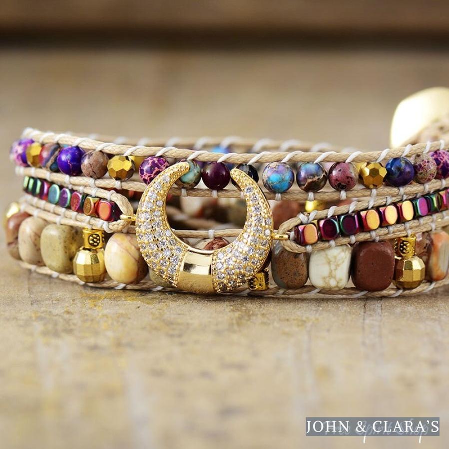 Natural Picture Jasper & Purple Jasper Crescent Horn Beaded Wrap Bracelet