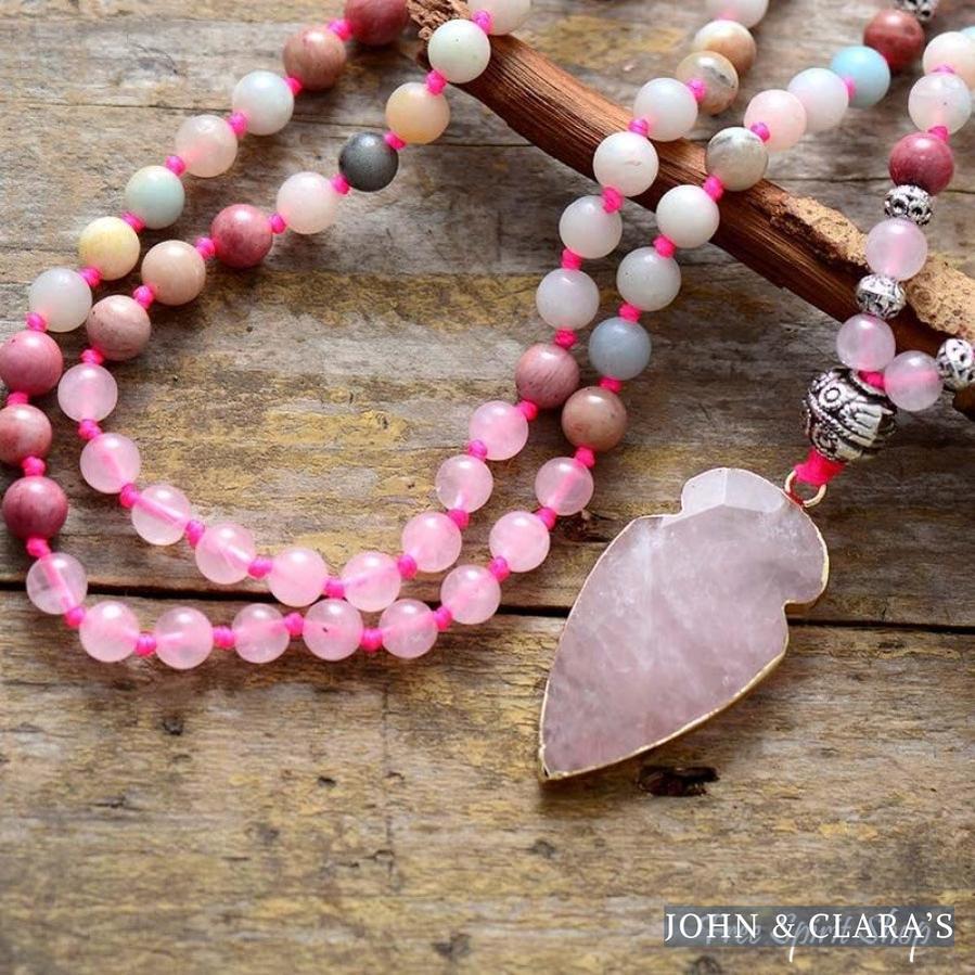 Natural Rhodonite Amazonite & Rose Quartz Arrowhead Beaded Necklace