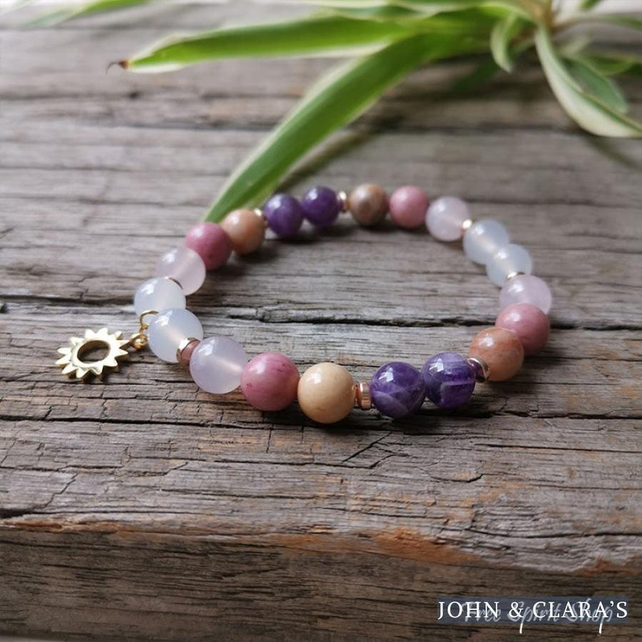 Natural Rhodonite Rose Quartz & Amethyst Bead Bracelet