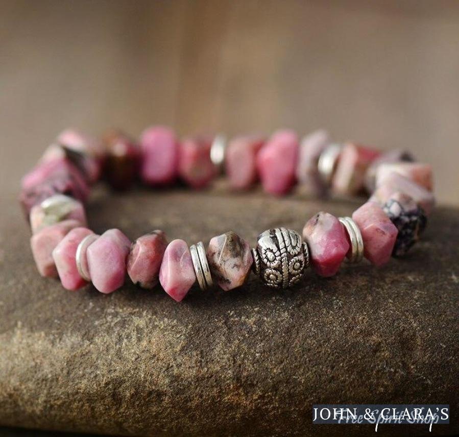 Natural Rhodonite Tree of Life & Heart Bead Bracelet