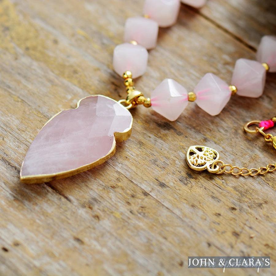 Natural Rose Quartz Diamond Shaped Pendant Necklace
