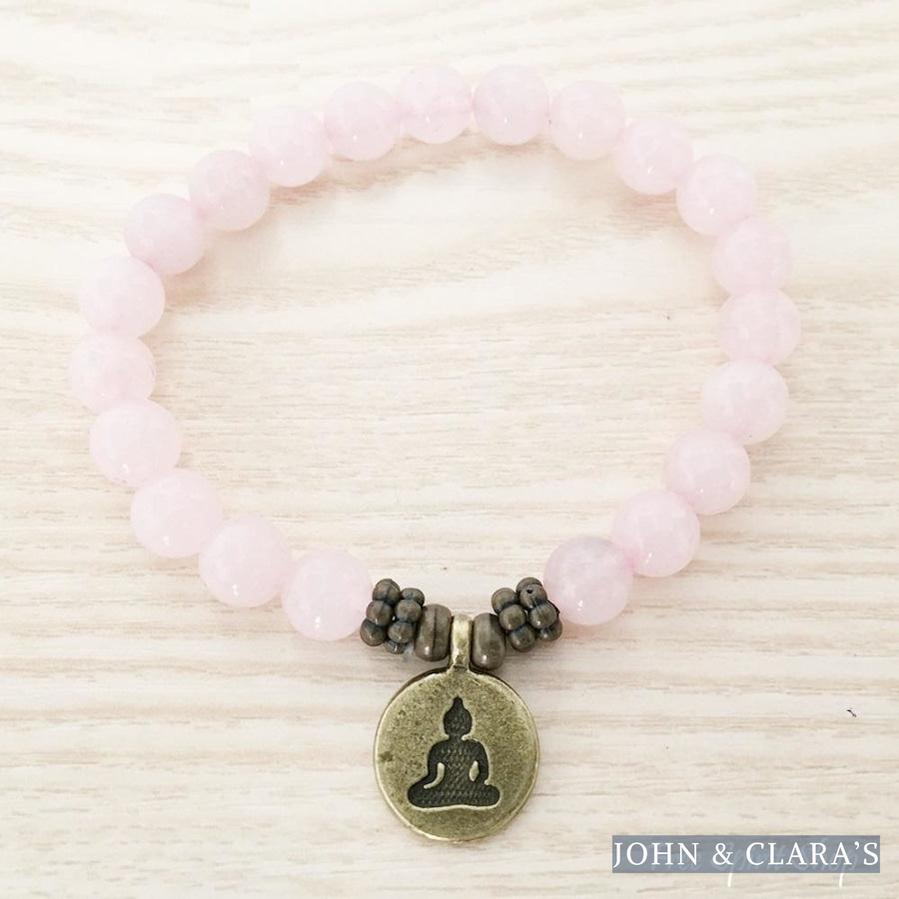 Natural Rose Quartz Stone Buddha Mala Bead Bracelet