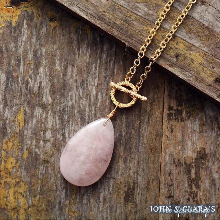 Natural Rose Quartz Teardrop Pendant Necklace
