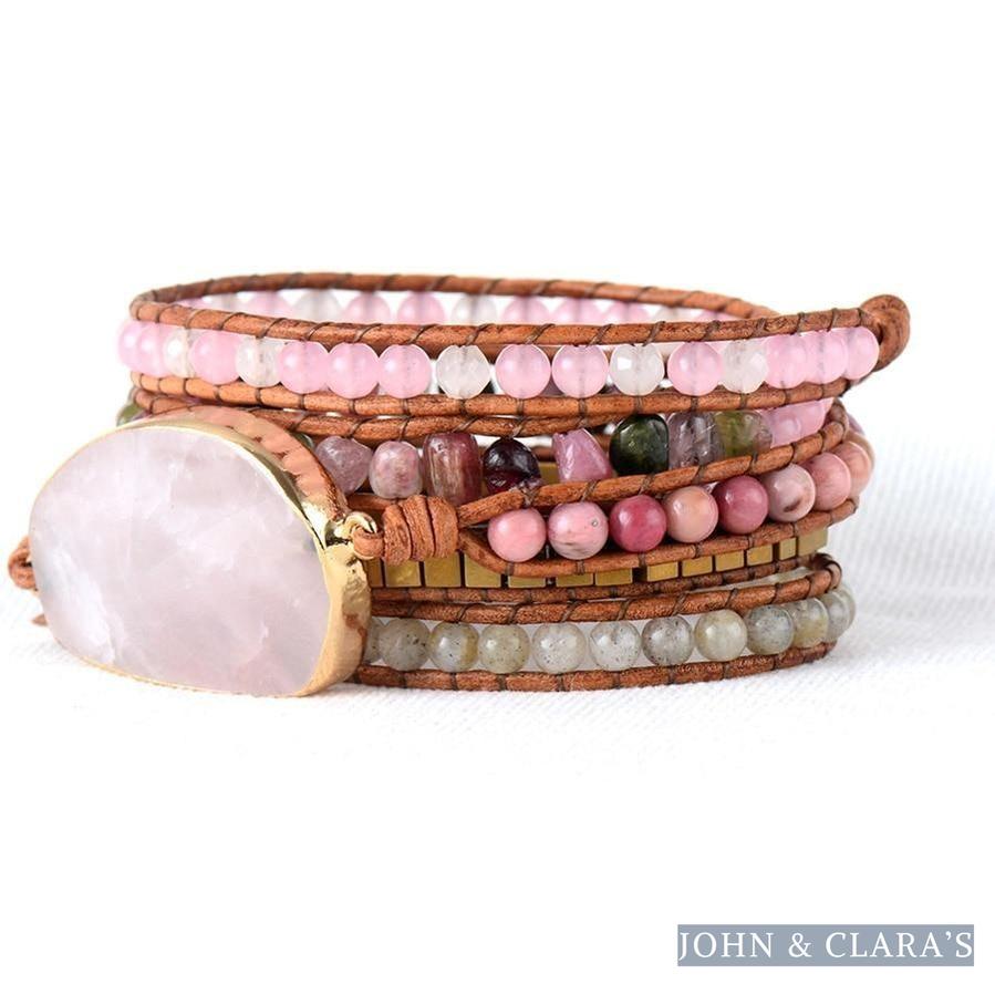 Natural Rose Quartz & Tourmaline Beaded Wrap Bracelet