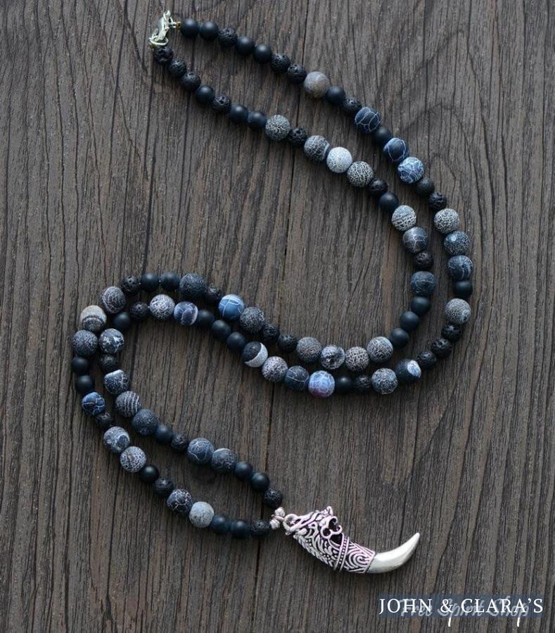 Natural Agate & Onyx Bead Necklace With Dragon Tusk Pendant