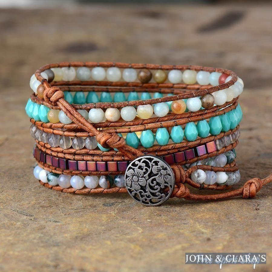 Natural Shell Wrap Bracelet With Amazonite & Moss Agate Beads