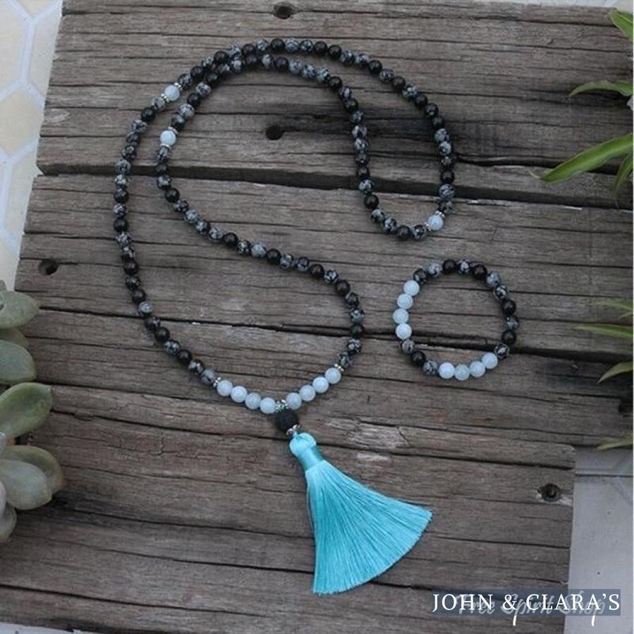 Natural Snowflake Obsidian & Aquamarine Bead Bracelet / Necklace