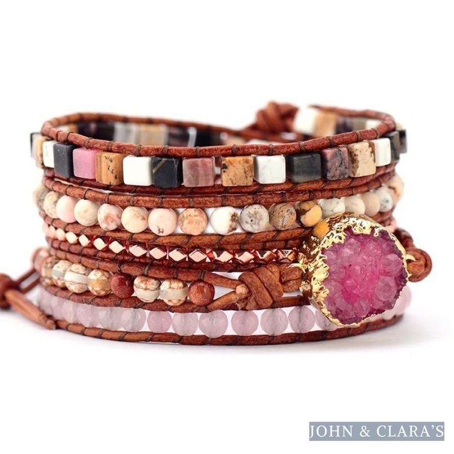 Natural Strawberry Quartz Jasper & Rose Quartz Wrap Bracelet
