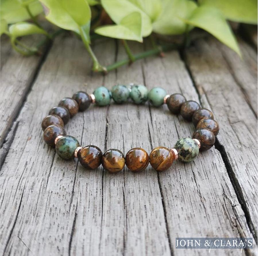 Natural Tiger Eye Bronzite & African Turquoise Bead Bracelet