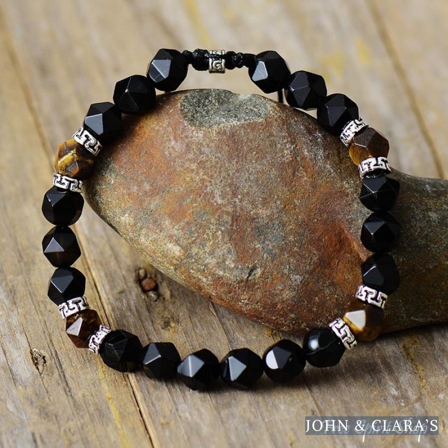 Natural Tiger Eye & Matte Black Onyx Faceted Bead Bracelet
