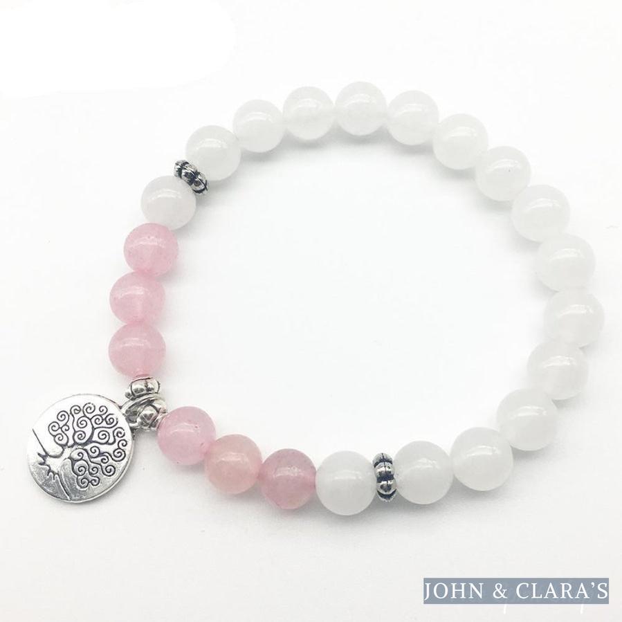 Natural White Jade & Rose Quartz Bead Mala Bracelet