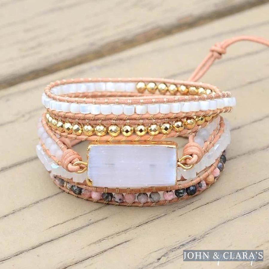 Natural White Selenite & Rhodochrosite Beaded Wrap Bracelet