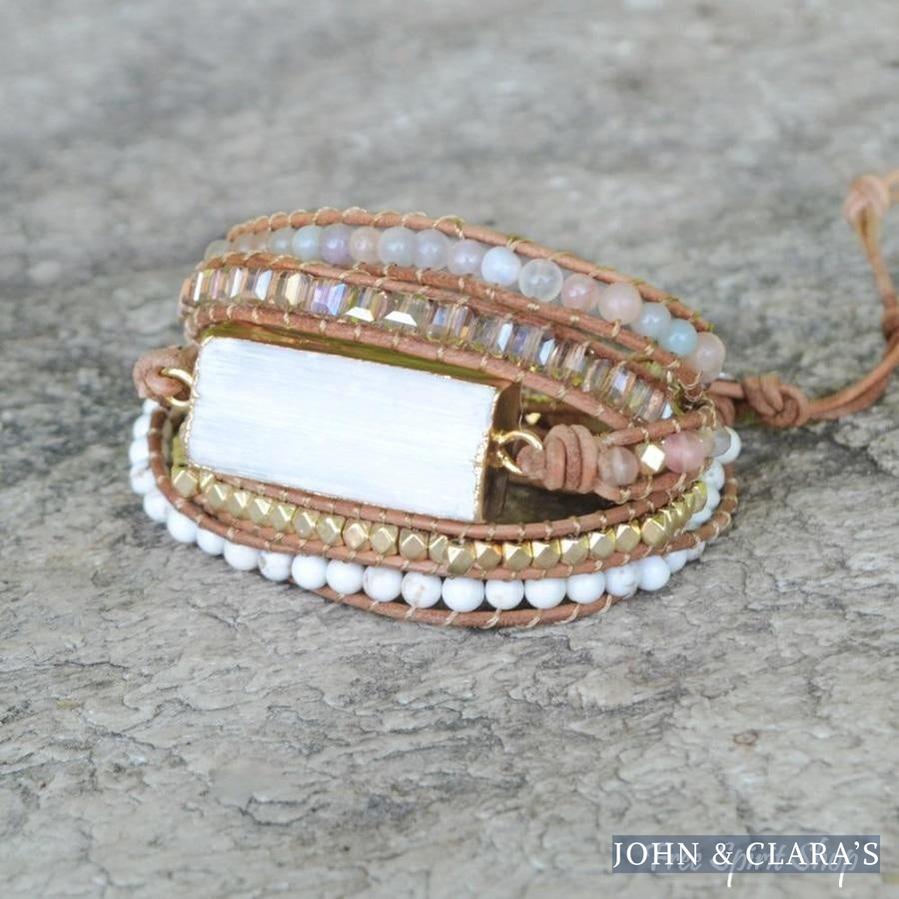 Natural White Selenite & Sunstone Wrap Bracelet