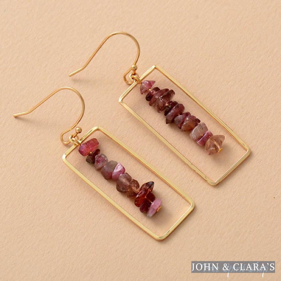 Pink Tourmaline Crystal Rectangle Drop Earrings