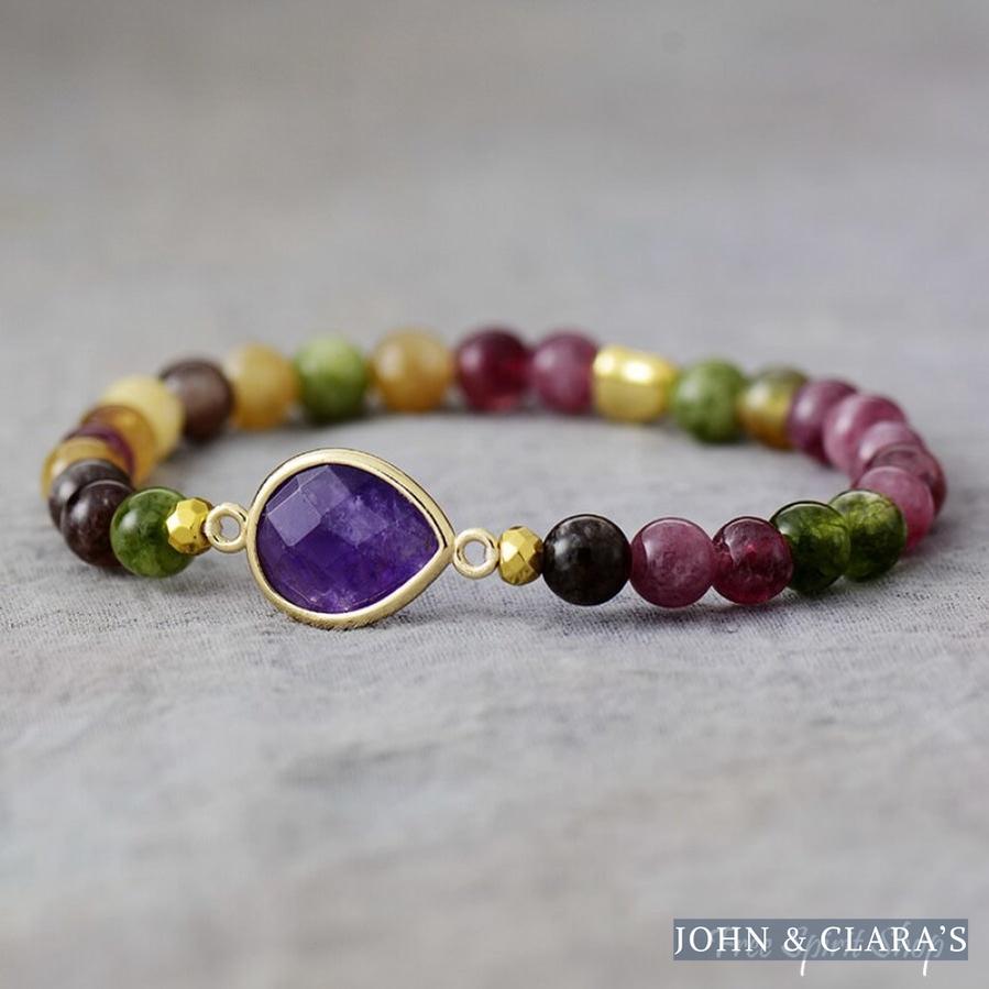 Set of 5 Purple Stone & Hamsa Hand Bead Bracelets