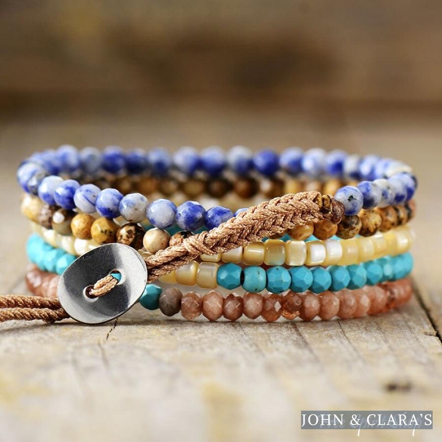 Sodalite Jasper Shell Strawberry Quartz 5 Layer Bead Bracelet