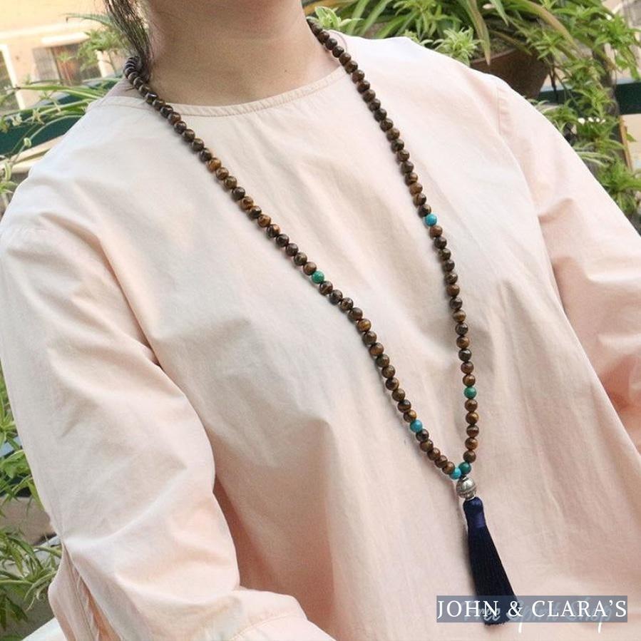 Tibetan 108 Natural Tiger Eye & Blue Tassel Mala Prayer Beads