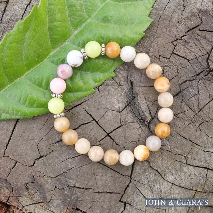 Yellow Olive Jade Sunstone & Pink Opal Bead Bracelet