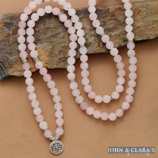 108 Frosted Rose Quartz Mala Bead Bracelet