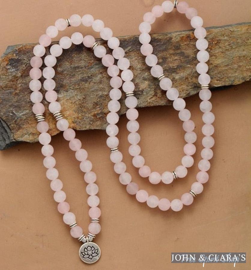 108 Frosted Rose Quartz Mala Bead Bracelet